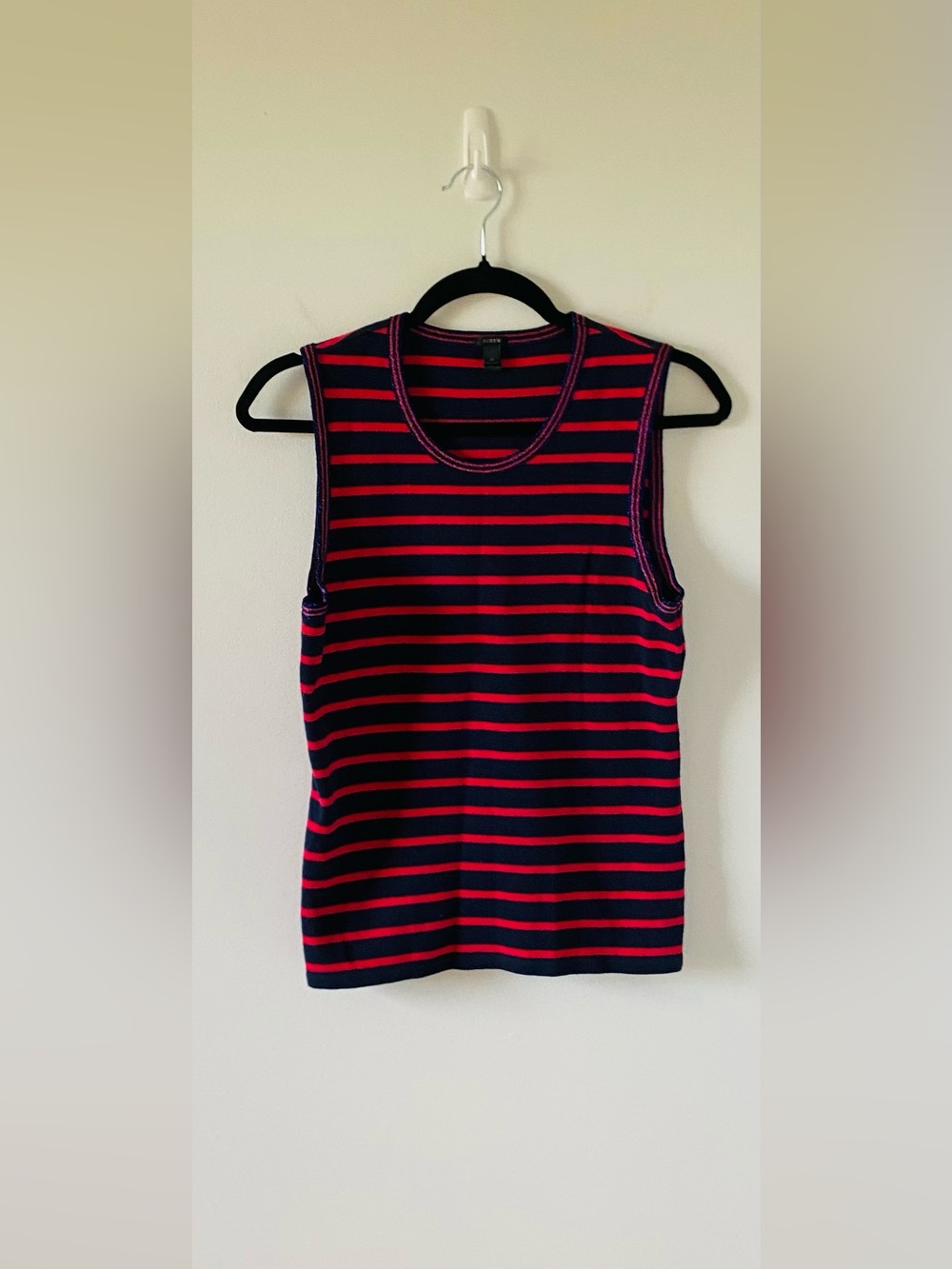 J. Crew Navy and Pink Striped Sleeveless Knit Tank Metallic Preppy Size S
